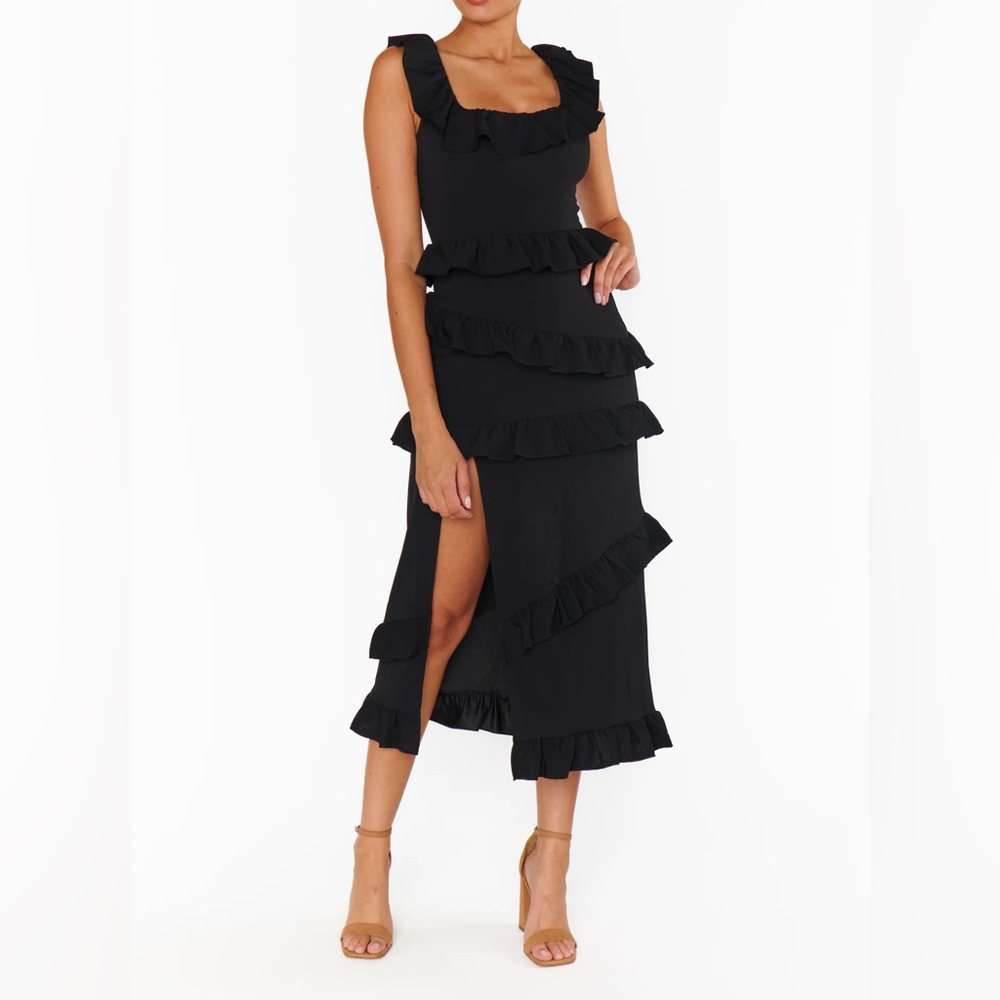 SHOW ME YOUR MUMU Greta Black Ruffle Tiered Slit Sleeveless Dress Sz Small $168